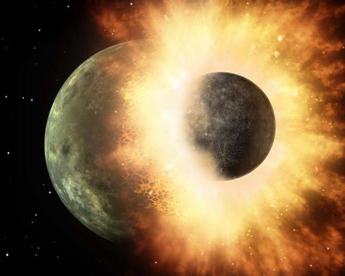 Artist's depiction of a collision between two planetary bodies. Such an impact between Earth and a Mars-sized object likely formed the Moon, credit Wikipedia